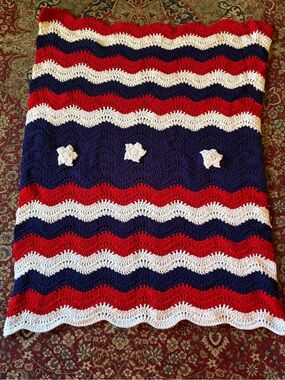 Handmade Crochet Red White & Navy Chevron Blanket with Stars